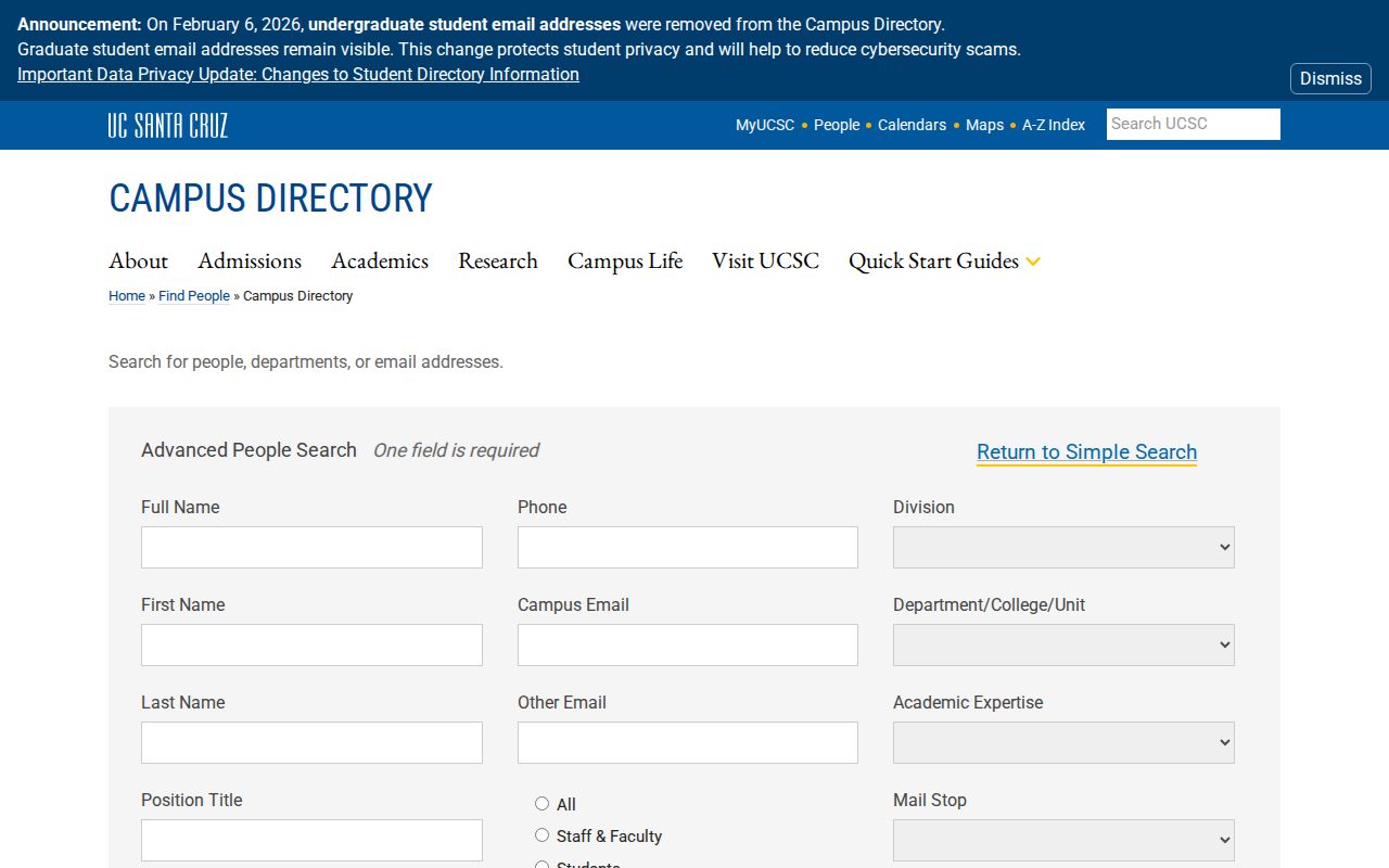 Santa Cruz County people directories search fields in the UCSC campus directory