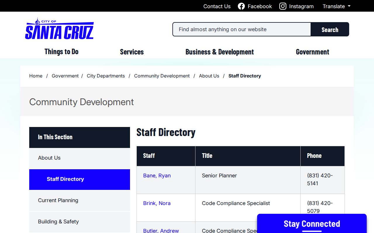 Santa Cruz County people directories page for city Community Development staff