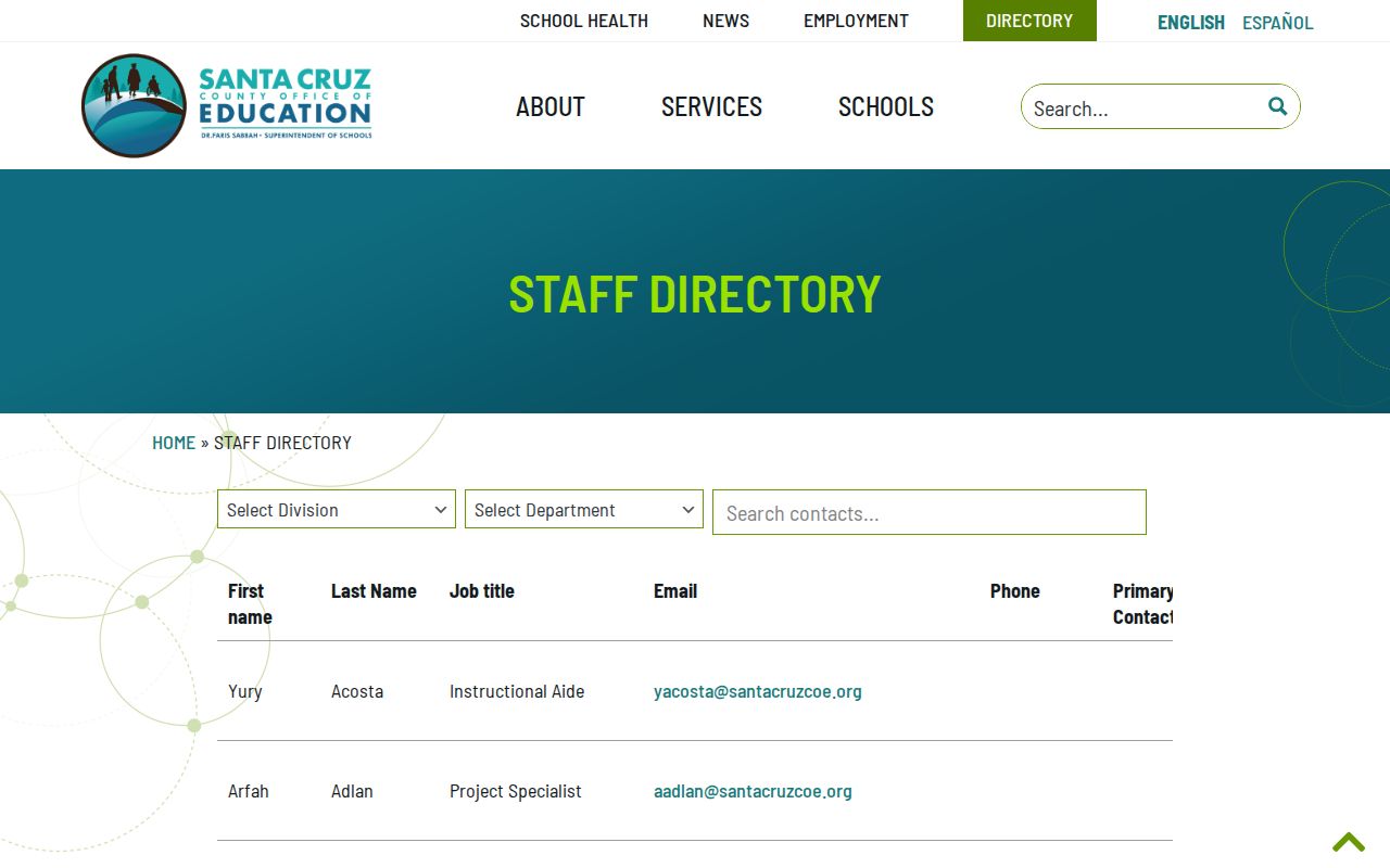 Santa Cruz County people directories listing for County Office of Education staff