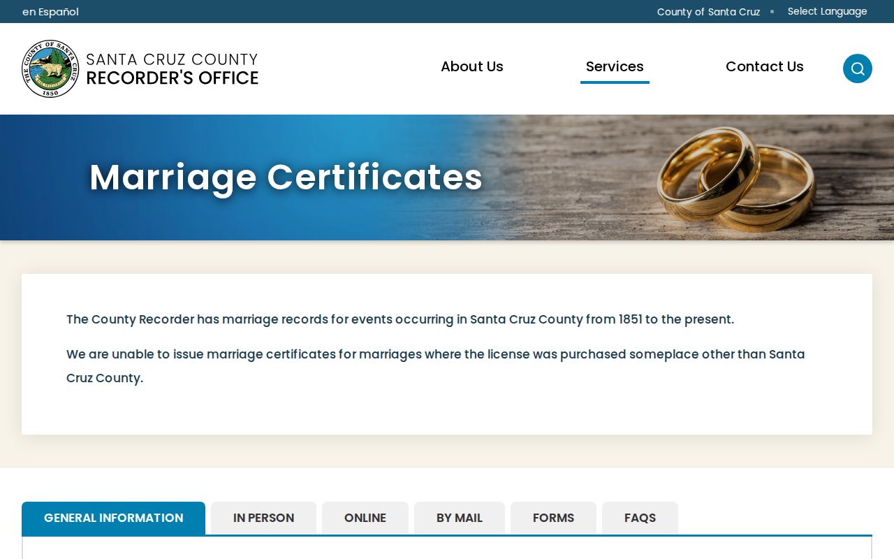 Santa Cruz County marriage records request page
